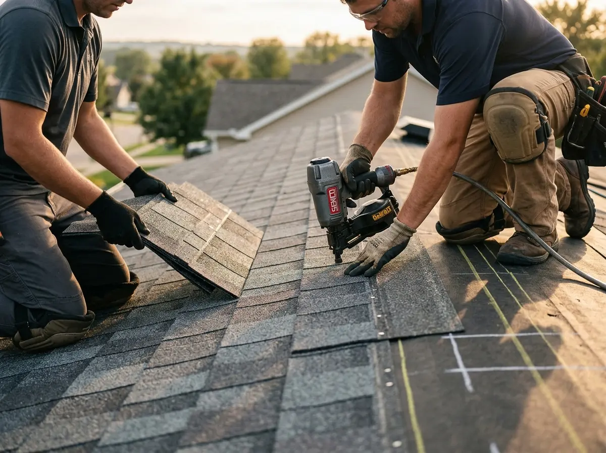 Professional roofer working on a residential roof in Upper Pottsgrove